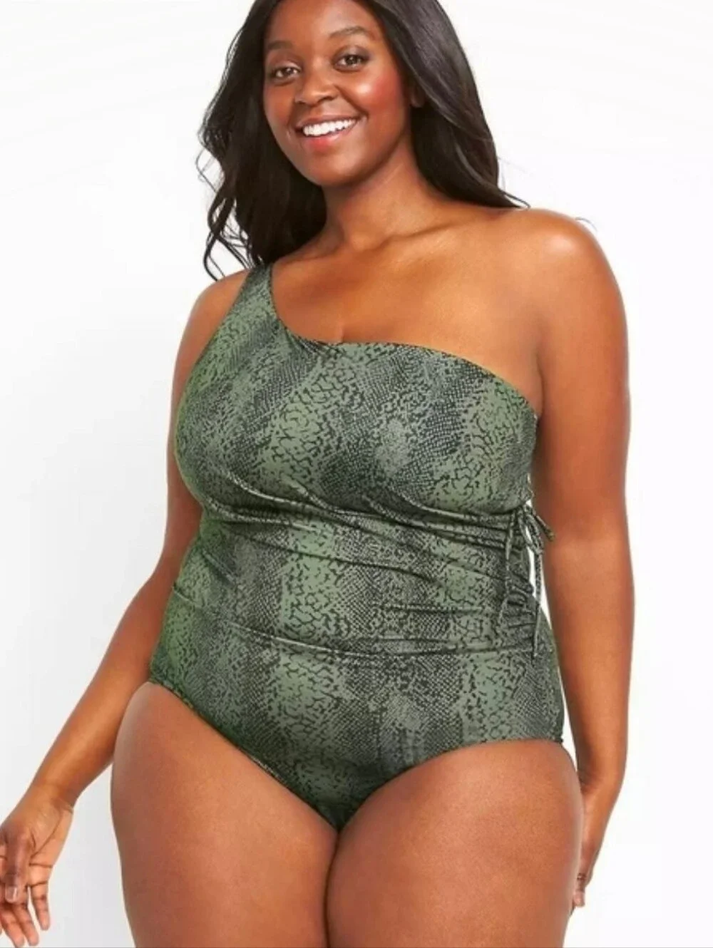 Cacique One Piece Snake Print Swimsuit Ruched Slimming One Shoulder Python Skin